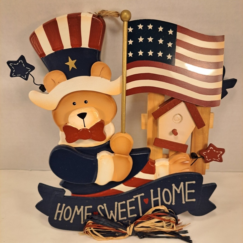 Avon 2003 Patriotic July 4th Wood Bear Home Sweet Home Wall Door Plaque Sign NIB